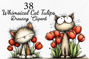 Whimsical Cat Tulips Drawing Clipart, a Seasonal Illustration by Canvas Craft