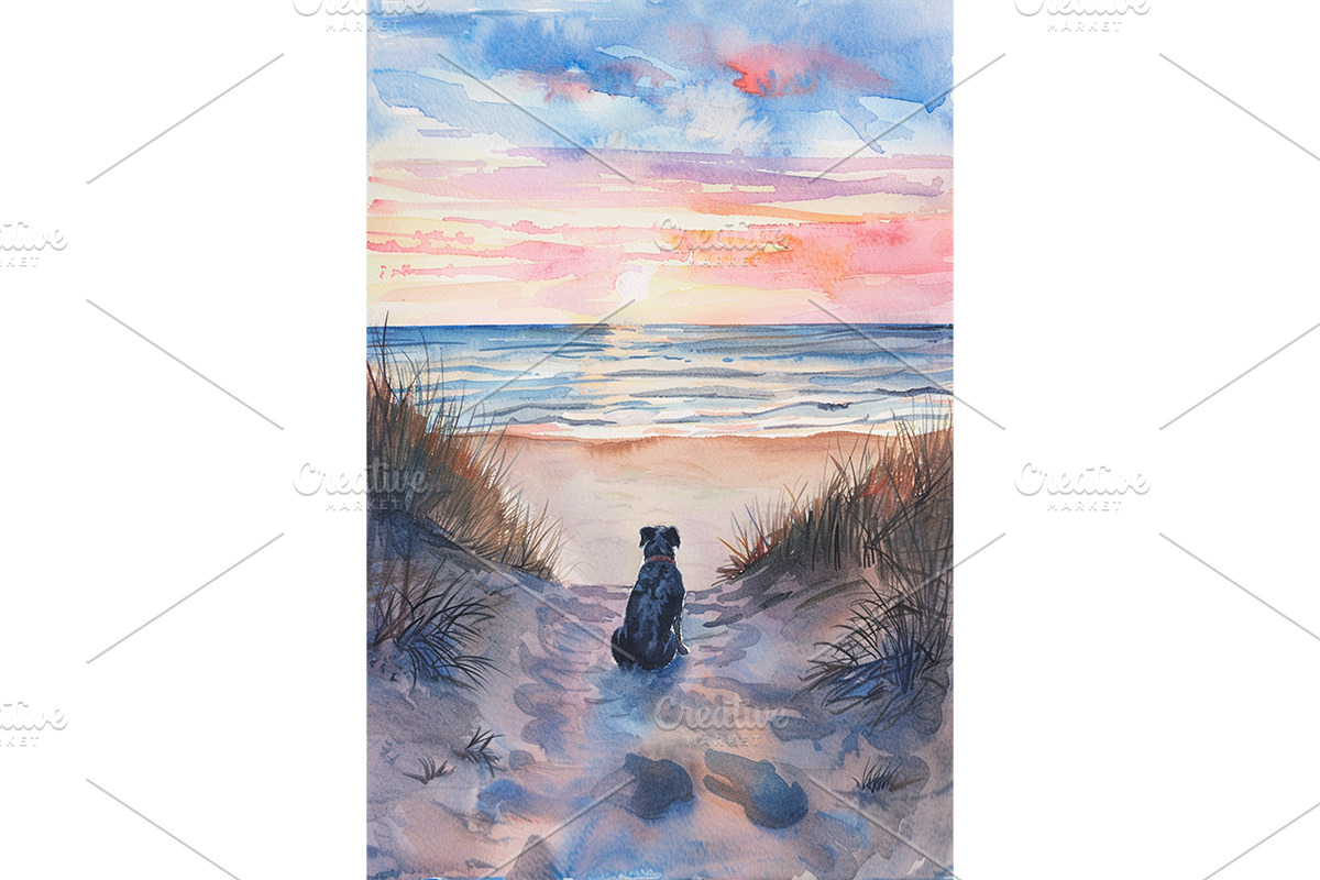 Dog Watching Sunset Art with Beach, an Animal Illustration by Art Paradise Studios