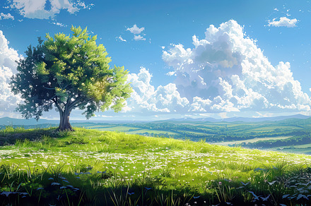 Lush green field under blue skies wi, a Photo by LOGOCREATIVE
