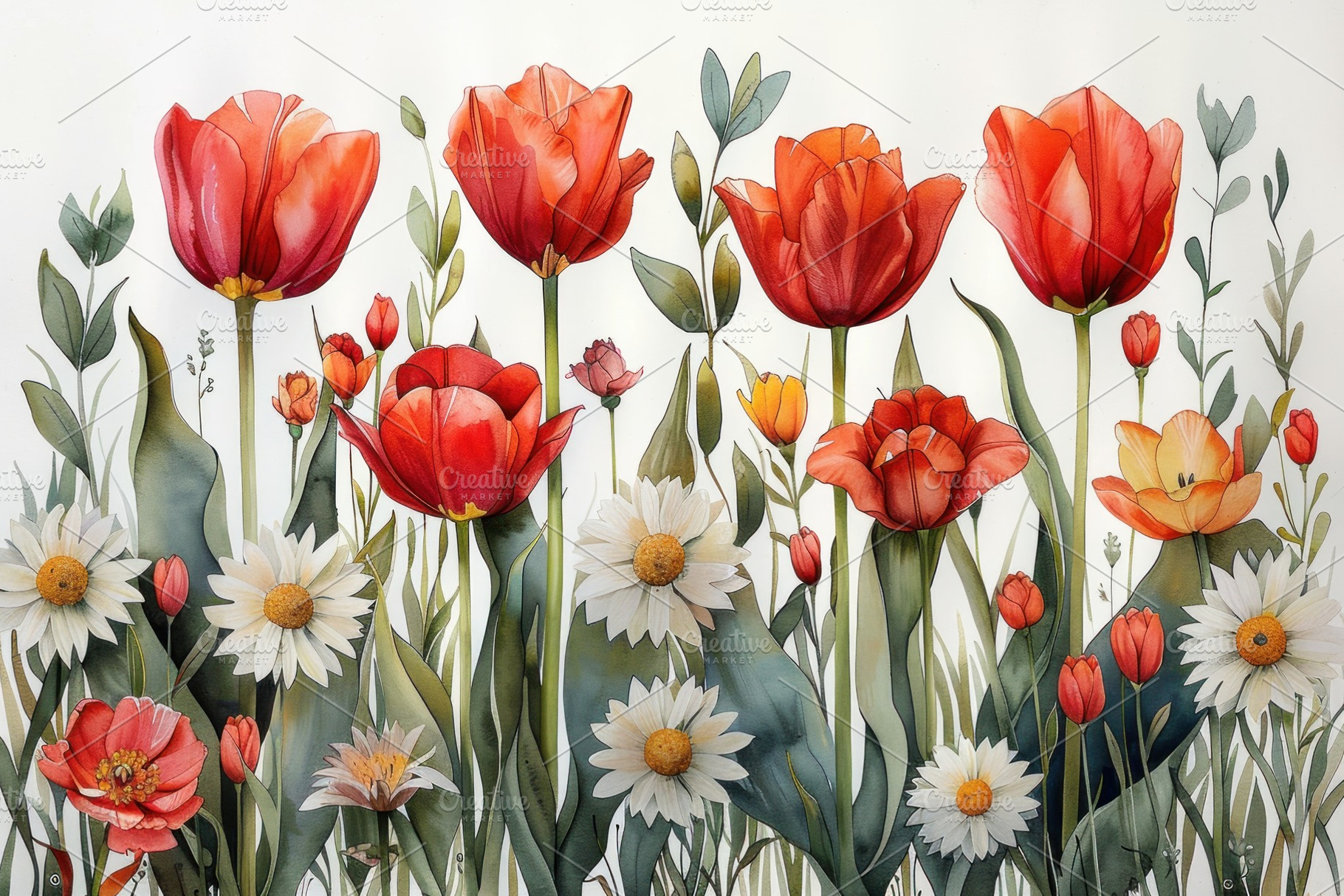 Watercolor botanical illustration of tulips and wildflowers with, a Nature Photo by José Manuel Gelpi