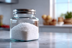 A clear glass jar filled with granulated sugar, set against a softly lit kitche, a Business Photo by ImageMir