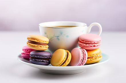 Colorful macarons with cup of tea on white background, a Food & Drink Photo by AlyaAnd