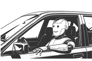 Smiling Robot Driving Car Autonomous, a Technology Illustration by AlexArt