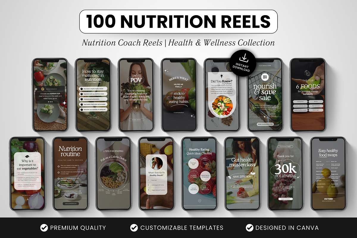 100 Nutrition Coach Instagram Reels, a Social Media Template by DigiPax (Photo 1 of 10)