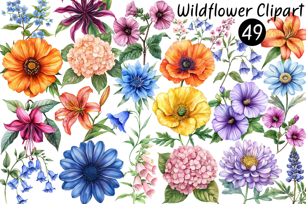 Watercolor Wildflower Clipart Bundle, a Seasonal Illustration by CitraGraphics (Photo 1 of 10)