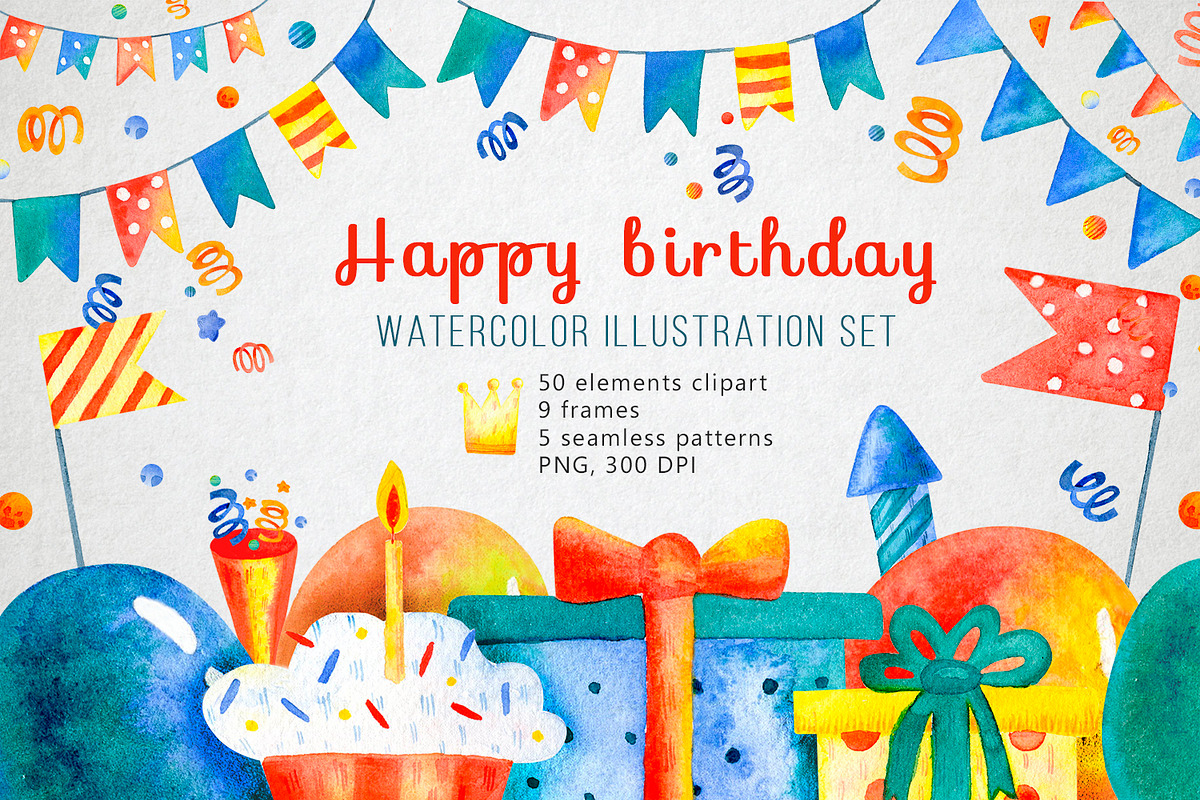 Happy birthday watercolor set, a Decorative Illustration by annasokol_ (Photo 1 of 10)