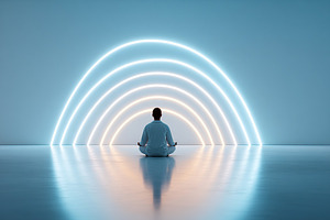 Meditation session in a calming living room with glowing rainbow lights in the, a Background Photo by AlyaAnd