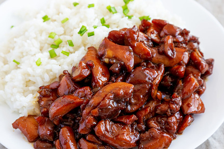 Homemade Teriyaki Chicken with White Rice on A Plate, low angle, a Food & Drink Photo by LiudmylaChuhunova