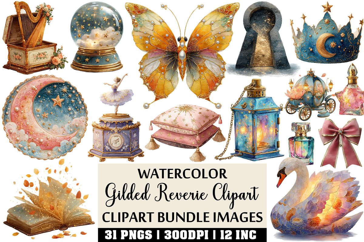 Gilded Reverie Watercolor Clipart, an Illustration by Craft Nest (Photo 1 of 4)