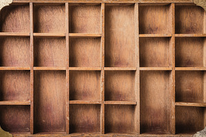 Empty wooden box with compartments containing box, top view, and wooden