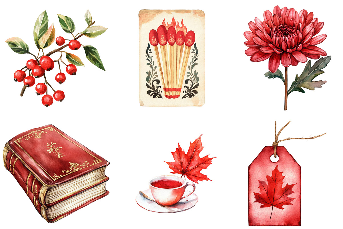 Red Vintage Fall Ephemera Clipart, an Illustration by Watercolor design (Photo 4 of 4)