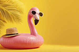 Pink Flamingo Pool Float with Sunglasses and Straw Hat on Bright, a Nature Photo by José Manuel Gelpi