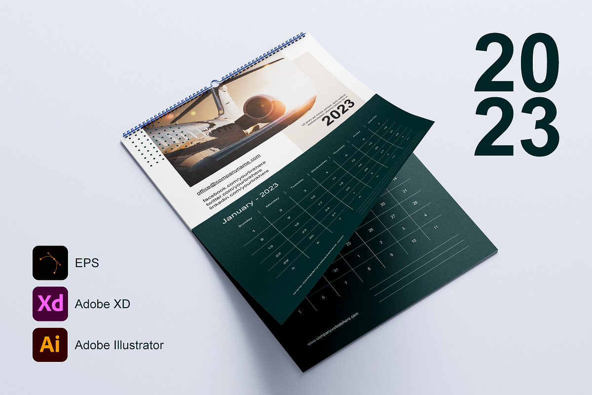 Calendar 2023 Template 1 - Sunday, a Poster Template by Florin Chitic