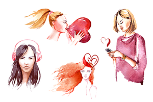 Valentine's girls in love watercolor