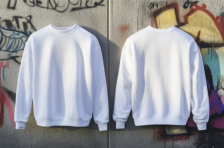 Two identical white sweatshirts mockup hanging against a graffiti-covered wall,, a Shirt Mockup by Textures & Backgrounds