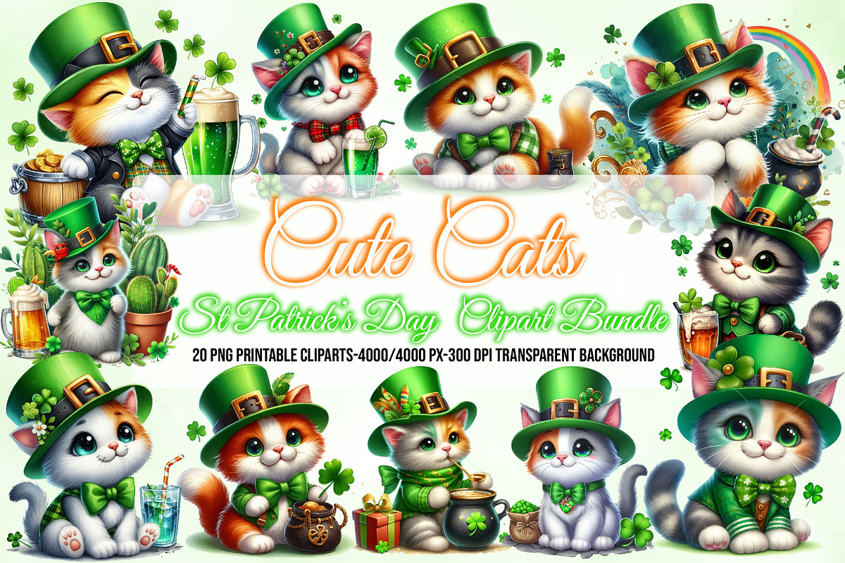 St Patrick’s Day Cats Sublimation, a Seasonal Illustration by Craft Nest (Photo 1 of 6)