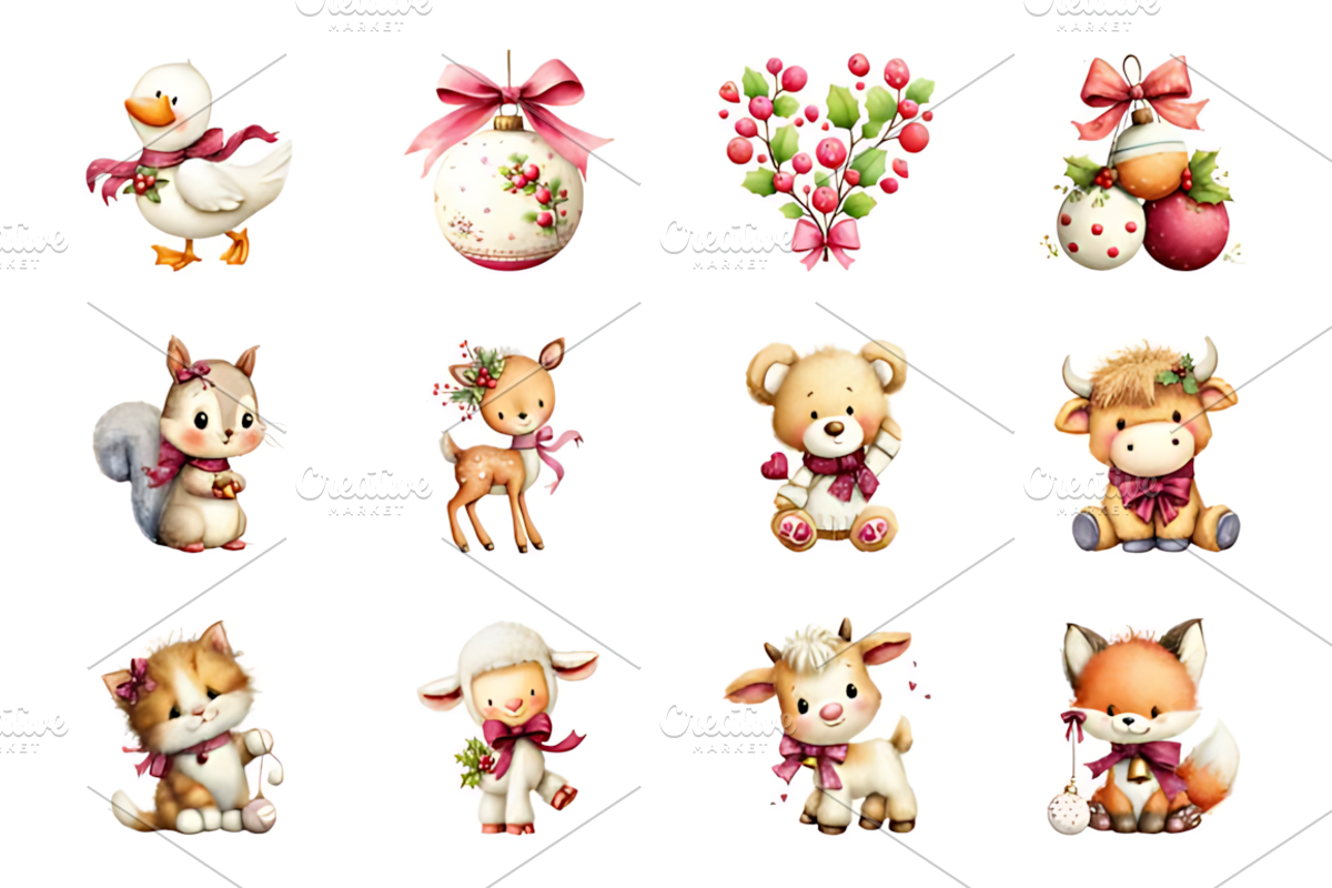 Romantic Bow Christmas Animals Art, a Seasonal Illustration by Coco Bloom (Photo 2 of 4)