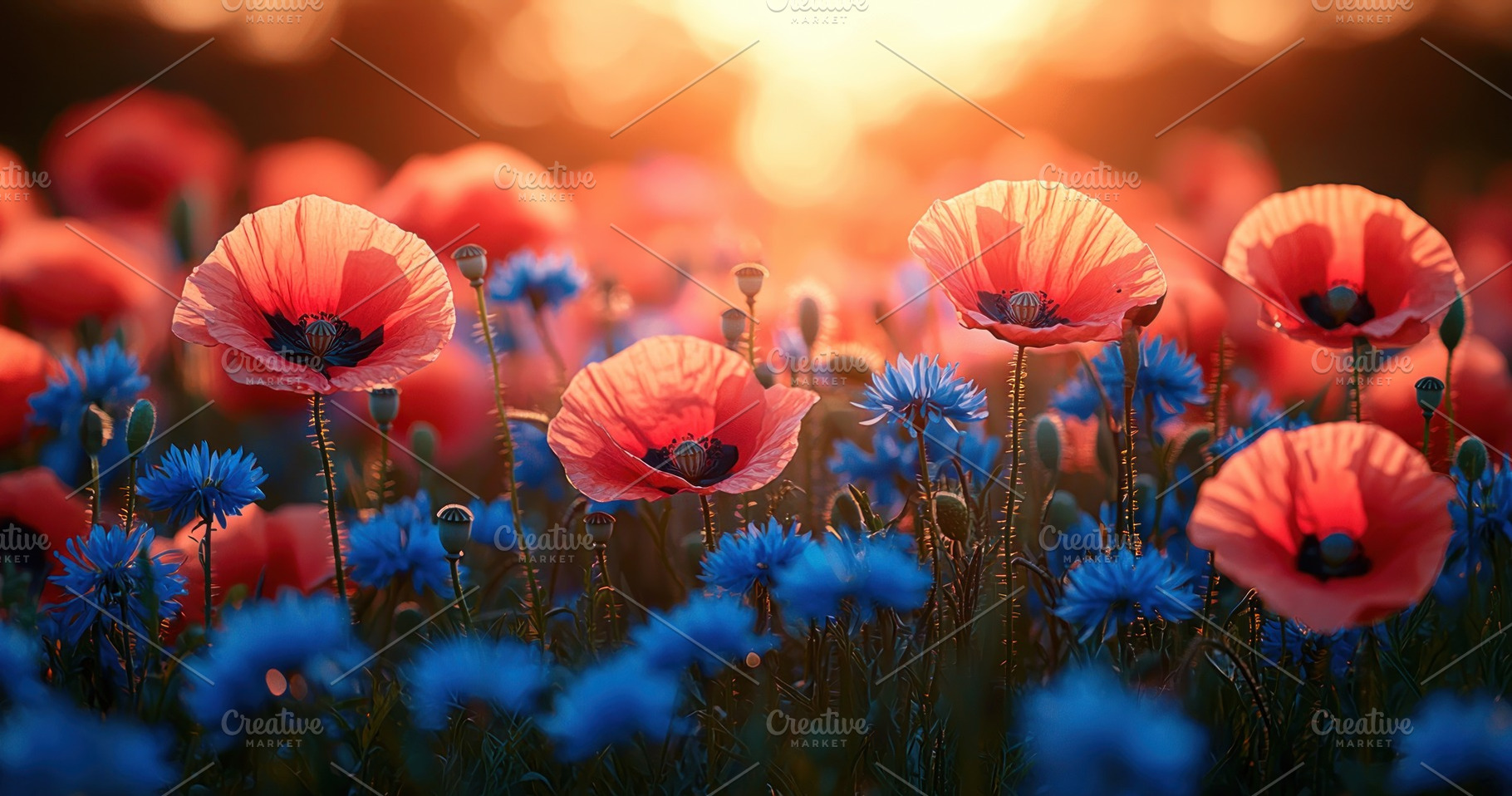 Red poppies and blue cornflowers glowing in a vibrant meadow dur, a Nature Photo by José Manuel Gelpi