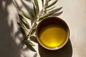 Olive oil in ceramic bowl with fresh olive branch and sunlight c, a Photo by Studio ANNA