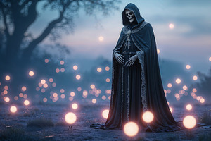 Skeletal grim reaper figure, an Illustration by wavebreak