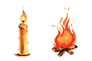 Candle and bonfire - watercolor