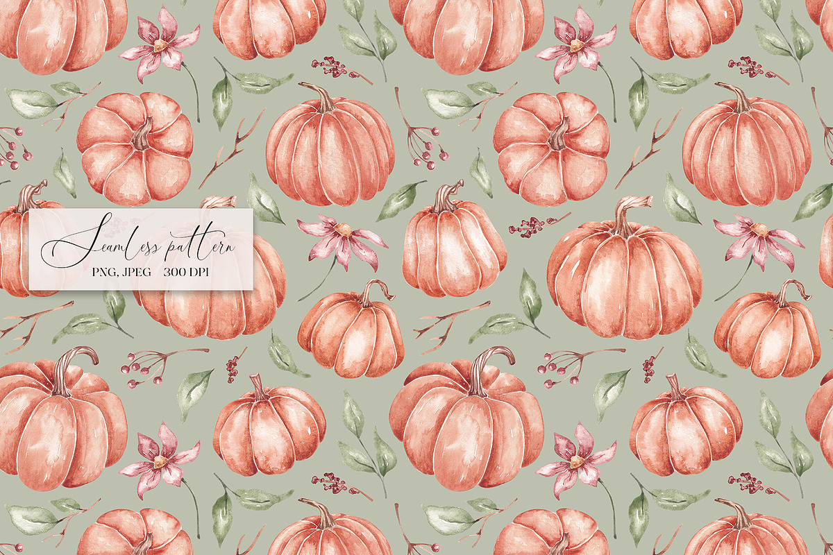 Watercolor pumpkins seamless pattern, a Pattern Graphic by SirenaArt (Photo 5 of 13)