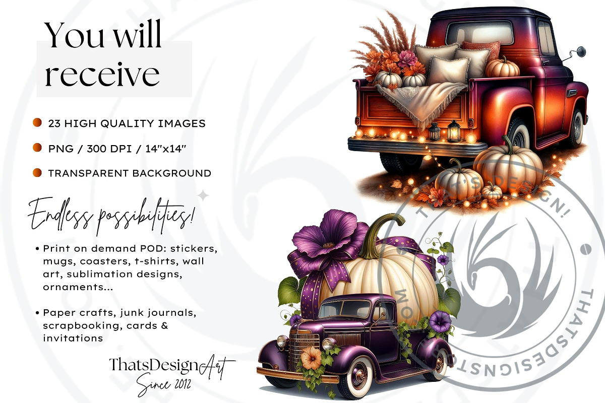Fall trucks with pumpkins PNG, a Seasonal Illustration by ThatsDesignArt (Photo 2 of 10)