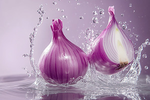 Fresh purple onion falling in transparent water, a Food & Drink Photo by AlyaAnd