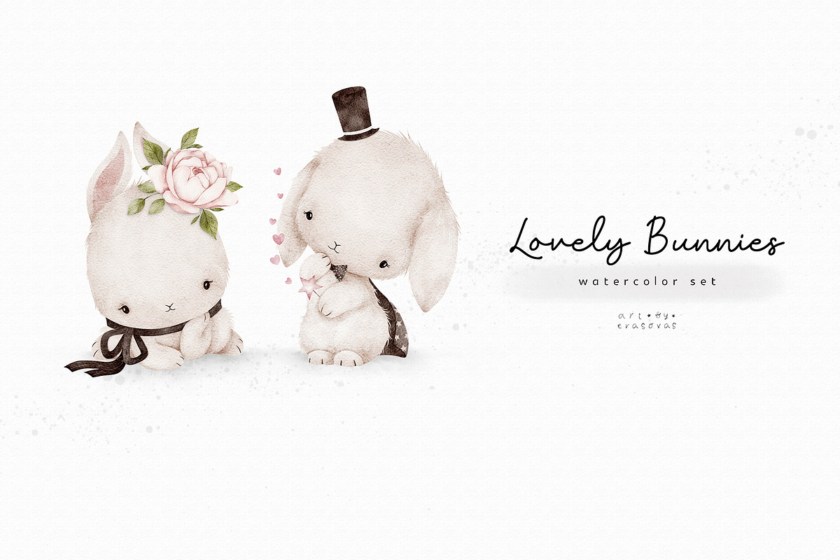 LOVELY BUNNIES watercolor set, an Animal Illustration by erasovas (Photo 1 of 11)