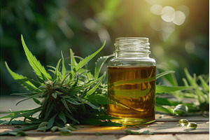 Cannabis oil bottle with hemp plant, a Nature Photo by Ylivdesign