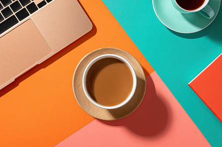 Workspace flat lay featuring laptop and coffee on colorful background, a Food & Drink Photo by AlyaAnd