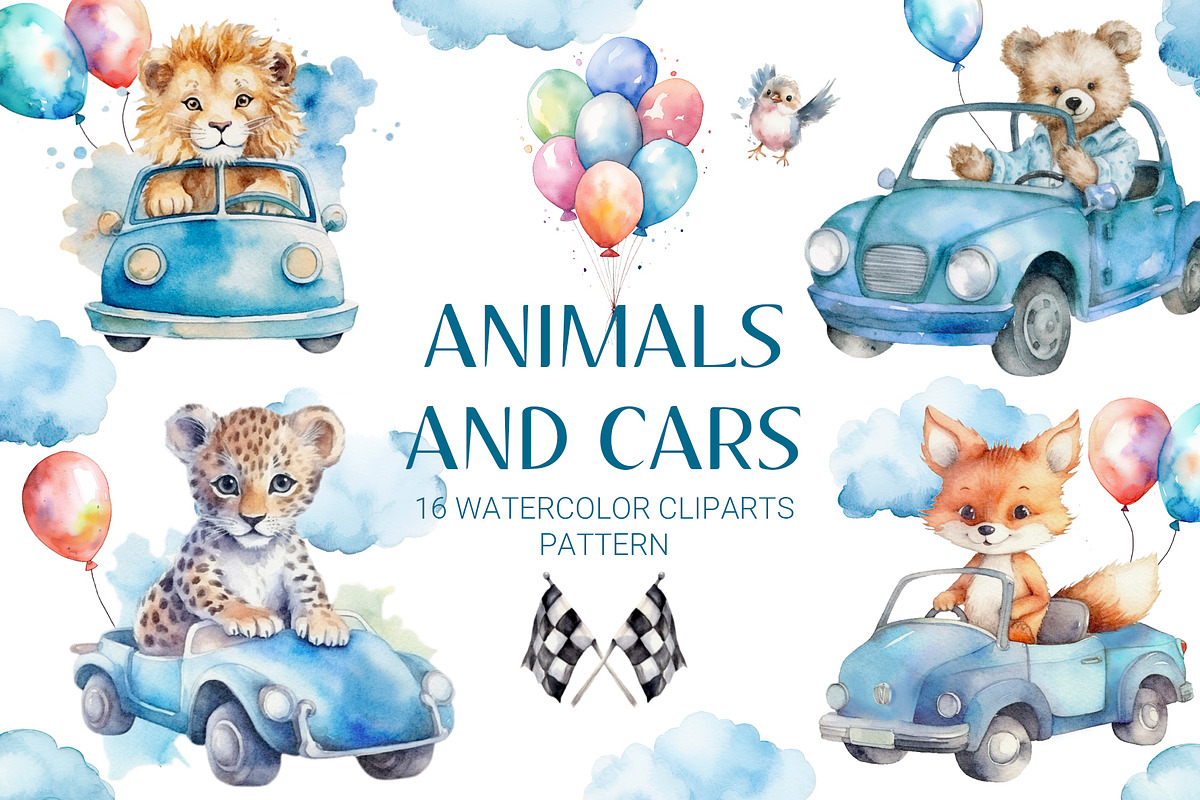 Watercolor Animals and Cars Cliparts, an Animal Illustration by AlineArtStore (Photo 1 of 4)