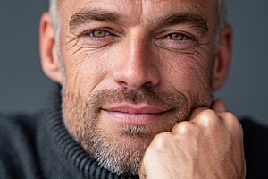 Attractive man in a relaxed pose wearing a sweater during a studio portrait ses, a Person Photo by AlyaAnd