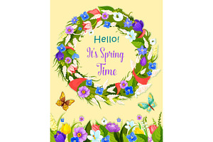 Vector Spring Flowers Wreath Greeting Card