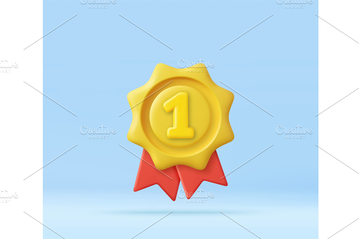 3D number one medal with red ribbons, an Object Illustration by ModVector