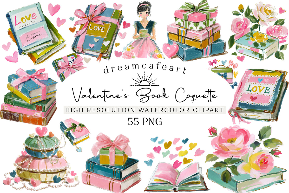 Valentine's Book Coquette Clipart, an Illustration by DreamCafeArt (Photo 1 of 6)