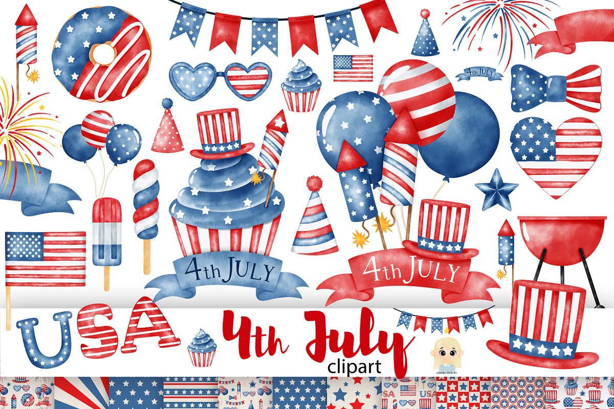 4th of July watercolor clipart, a Decorative Illustration by Natalya_Mona_Art (Photo 1 of 9)