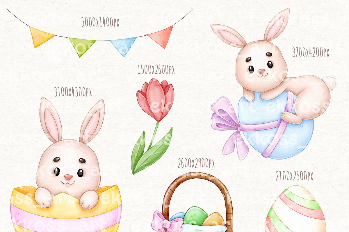 Cute Easter Bunny Watercolor Clipart, an Animal Illustration by ekossa_art (Photo 2 of 5)