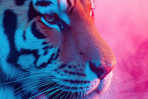 Vibrant close-up of a tiger's face with smoke effects, an Animal Photo by AlyaAnd