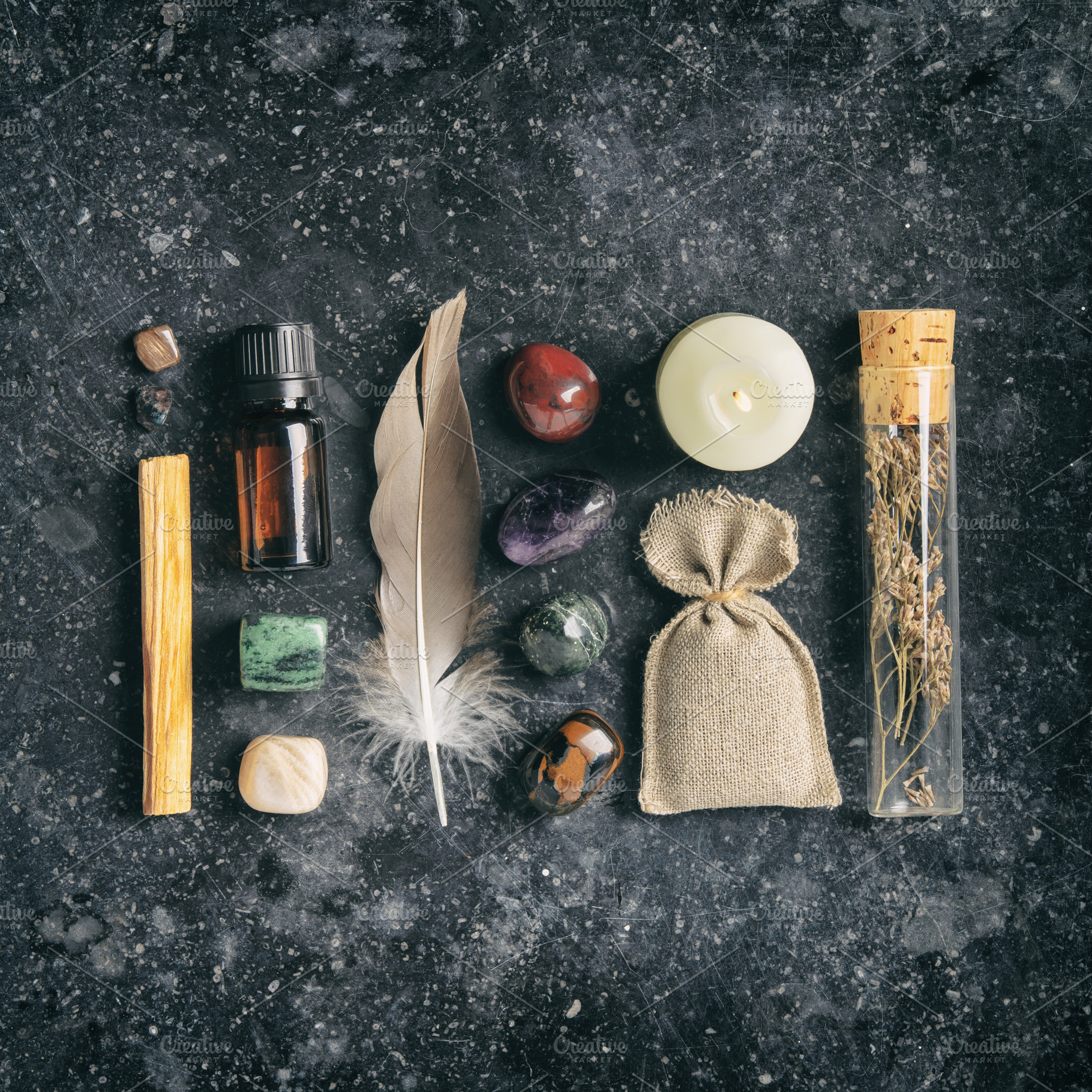Healing Ritual Items with Candle and Crystals, an Abstract Photo by Natalia Klenova's Shop
