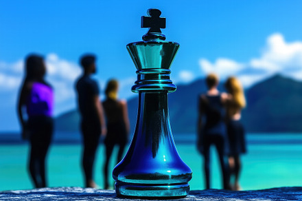 A large glass chess king piece in the foreground with blurred silhouettes of fo, an Arts & Entertainment Photo by Textures & Backgrounds