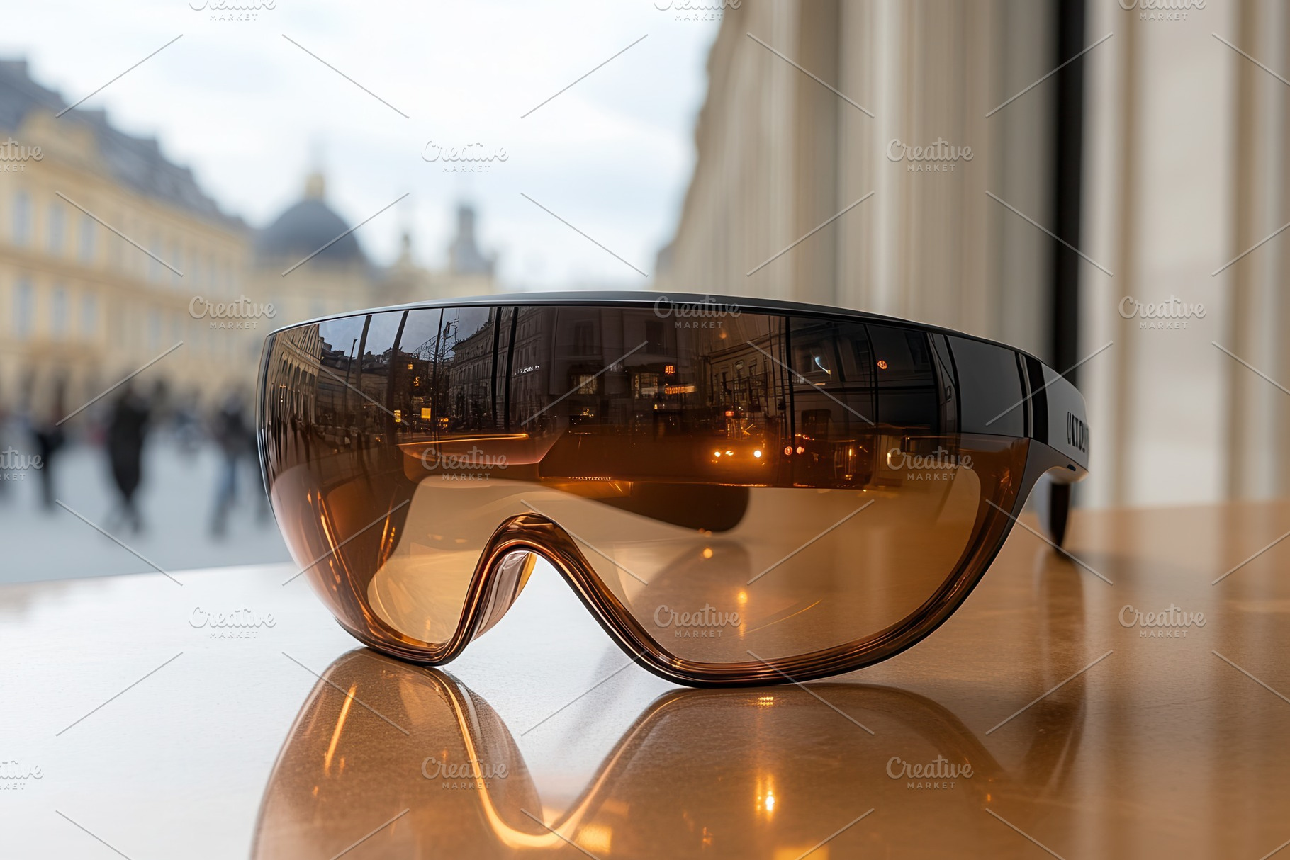 Stylish sunglasses showcased on a ta, a Photo by Tanuart