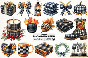Watercolor Black Gingham Autumn PNG, an Illustration by Pixels.Craft