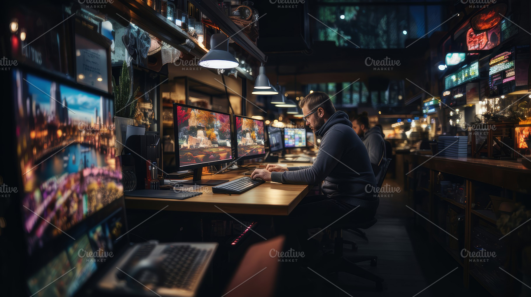 Art Director Reviewing Photos on Multiple Monitors in a Professional Photostudi, a Photo by AS photostudio