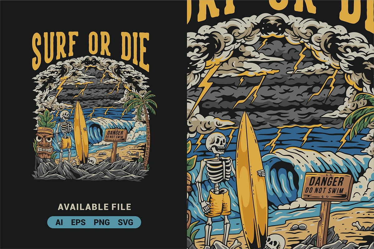 Surf or Die with Skeleton Vector, an Illustration by ImoogiStudio