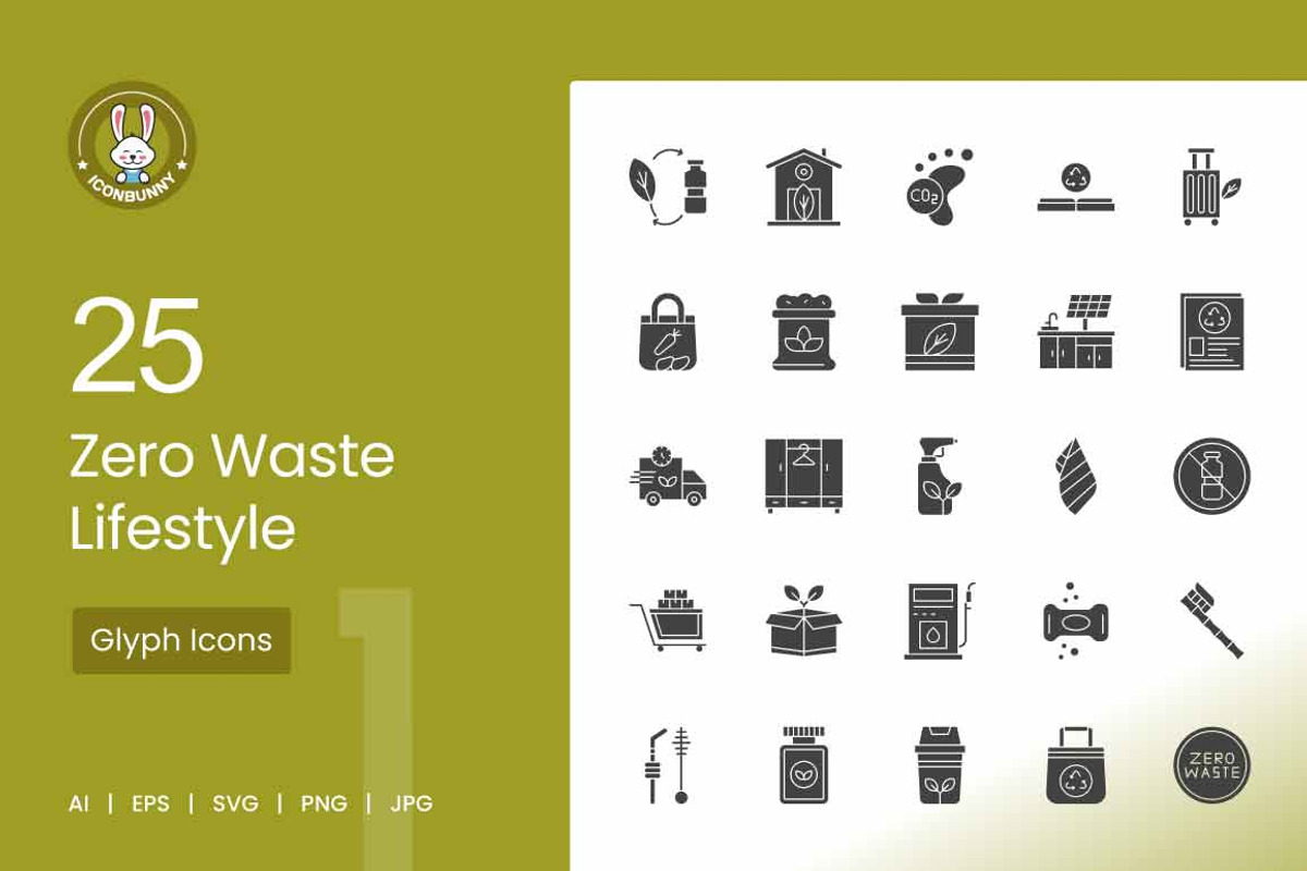 25 Zero Waste Lifestyle Glyph Icons, an Icon by IconBunny (Photo 1 of 2)