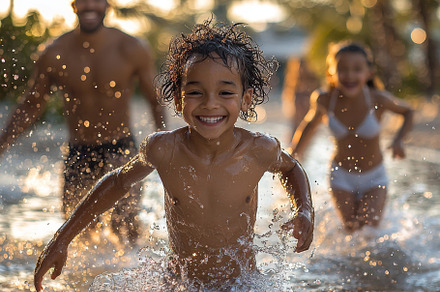 Joyful family enjoying a playful splash in the water at the beach, a Photo by AS photostudio