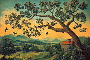 Folk Art Tree of Birds with Cabin, an Illustration by Art Paradise Studios