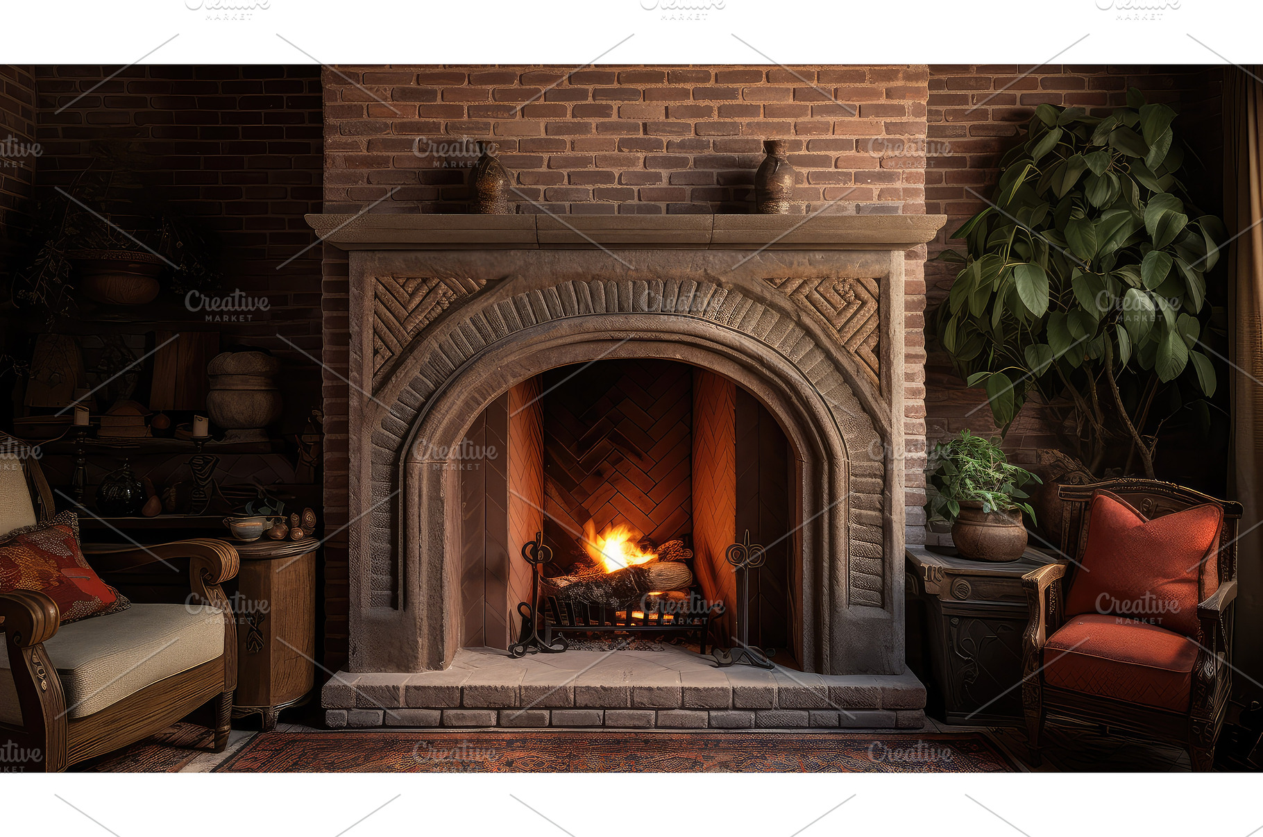 warmth brick fireplace ai generated, an Architecture Photo by pikepicture