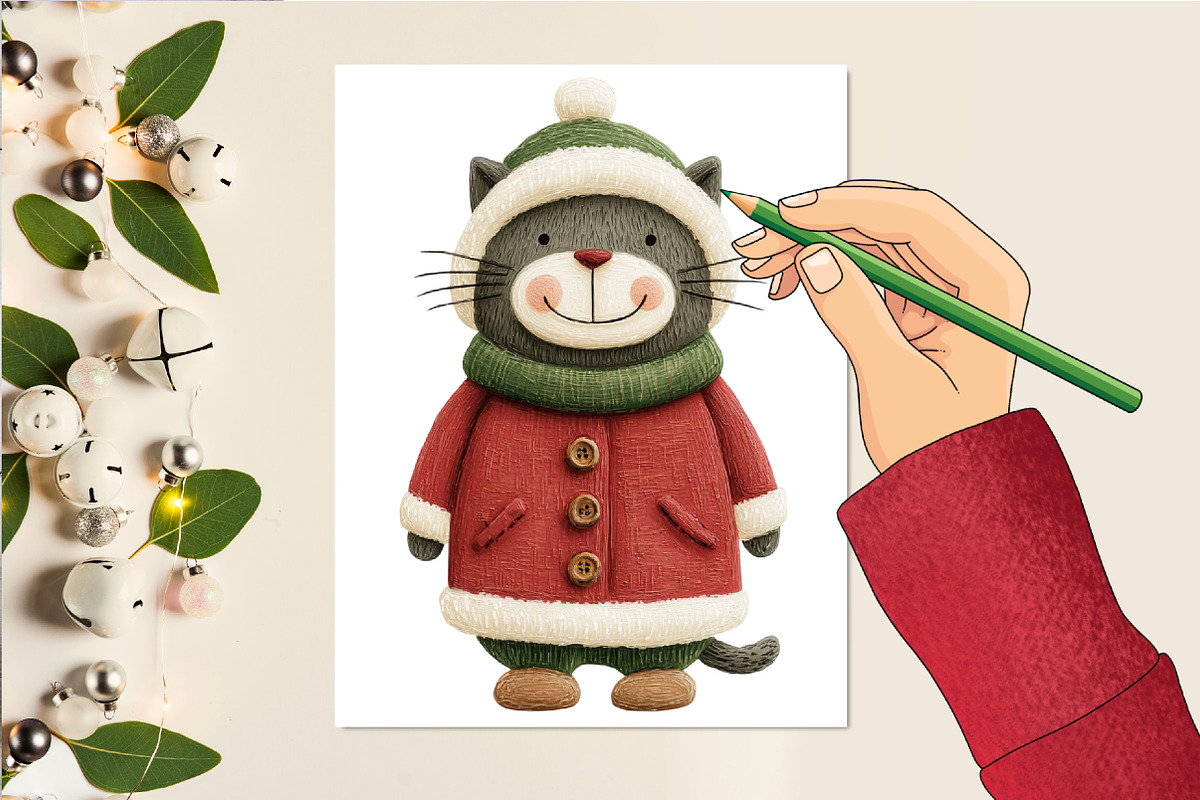 Watercolor Christmas Cat Clipart, an Illustration by DreamCafeArt (Photo 6 of 6)